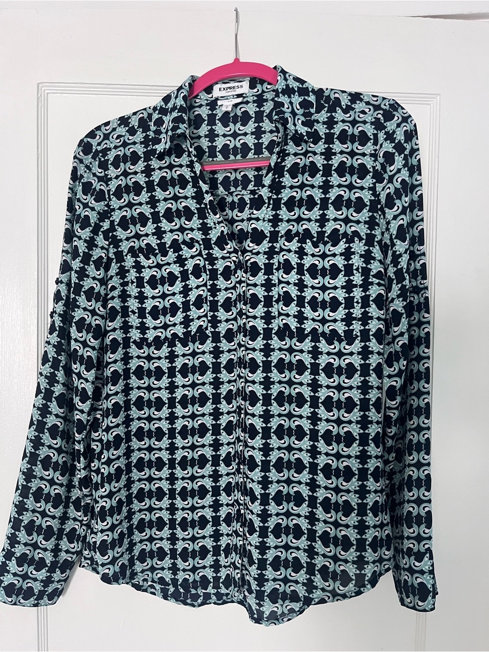 Express Navy and Light Blue Geometric Button-Front Shirt